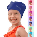 Limmys Premium Badekappe Kinder, badehaube Kinder - Langes und kurzes Haar Schwimmkappe Kinder und Badekappe für Mädchen Jungen – Hochwertige Qualität, Dehnbare & Bequeme Badekappe (L, Blau)