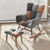 AMAZWI Moderner Gepolsterter Schaukelstuhl mit Hoher Rückenlehne, Stoffschaukelstuhl Mit Fußhocker Sessel-Loungesessel Im Wohnzimmer-Schlafzimmer-Loungebereich (Color : Patchwork Color)