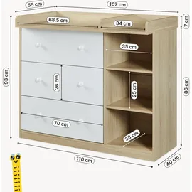 [en.casa] Wickelkommode Beldinupp mit Wickelaufsatz 93x110x55 cm Eicheoptik/Weiß [en.casa]