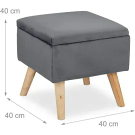 Relaxdays Samthocker mit Stauraum, gepolstert, eckig, mit Holzbeinen, Wohnzimmer Sitzhocker, HBT 40x40x40 cm, dunkelgrau