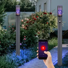 GLOBO Stehleuchte Bewegungsmelder Außenleuchte Standlampe Edelstahl anthrazit, rauch, App Steuerung, 1x Smart RGB LED 10W 806Lm, DxH 12,7x110cm, 2er Set