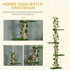 PawHut Kratzbaum, Katzenkratzbaum Deckenhoch, 202-242 cm, Kletterbaum, Katzenbaum Höhenverstellbar, Spielbaum mit Kippschutz, Jute, Grün+Gelb