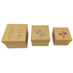 Geschenkkarton Kraftpapier natur PBS 55472   3tlg Quadrat Blumen sortiert