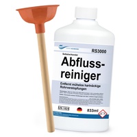 Abflussreiniger RS3000 mit Pömpel - ULTRA STARK - Rohrreiniger für Extremfälle - löst schnell hartnäckigste Verstopfungen wie Haare, Seifenreste, Fette - biologisch abbaubar - Made in Germany