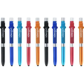 shop'n smile ideoon 4in1 Kugelschreiber mit LED-Lampe, Touchpen für Tablets & Handy-Ständer Funktion, 10er-Set Multifunktionsstift Schreibset für Büro, Alltag und Reise