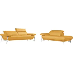 Polstergarnitur EGOITALIANO "Anais, Design mit hohem Sitzkomfort für mehr Bequemlichkeit", gelb, Leder BULL, Ottomane Armlehne links, Sitzmöbel-Sets, Set: bestehend aus Sofa und Ottomane, inkl. Kopfteilverstellung