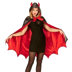 Karneval-Klamotten Teufel-Kostüm Teufelscape Damen rot mit Kapuze Teufelshörner, Halloween Teufelscape Damenkostüm rot mit Teufelshörner rot|schwarz