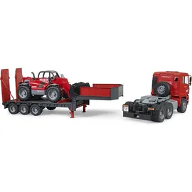 Bruder 02774 - MAN TGA LKW mit Tieflader und Manitou Teleskoplader rot 1:16