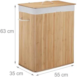Relaxdays Wäschekorb Bambus mit Deckel, rechteckiger Wäschesammler, 2 Fächer, 95 l Volumen, faltbare Wäschebox, natur