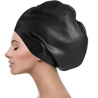 Große Badekappe für Damen und Herren, wasserdichte Silikon-Badekappen für langes Haar, dickes lockiges Haar und Zöpfe – behält die Frisur