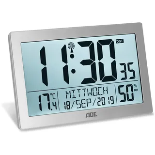 ADE Digitale Funkuhr mit großem XL-Display | Kalender | mit Temperaturanzeige & Hygrometer | Wanduhr | Funkwecker mit 2 Weckzeiten und Schlummerfunktion | Silber