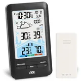 ADE Wetterstation Funk mit Außensensor und Funkwecker | mit Lüftungsempfehlung | Hygrometer, Thermometer | 2 Weckzeiten | animierte Wettervorhersage | Schlummerfunktion | LCD-Farbdisplay