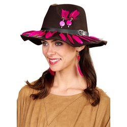 Metamorph Kostüm Cowboyhut mit Federdeko, Flachkrempiger Westernhut mit jeder Menge pinken Federn braun