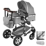 Tectake tectake® Kombi-Kinderwagen, 2 in 1, klappbar, mit 5-Punkt-Gurt, Bremse, Schutzbügel und Handschlaufe, pulverbeschichteter Aluminiumrahmen, pflegeleichter Stoffbezug, für 0 bis 36 Monate geeignet, Belastbarkeit 15 kg