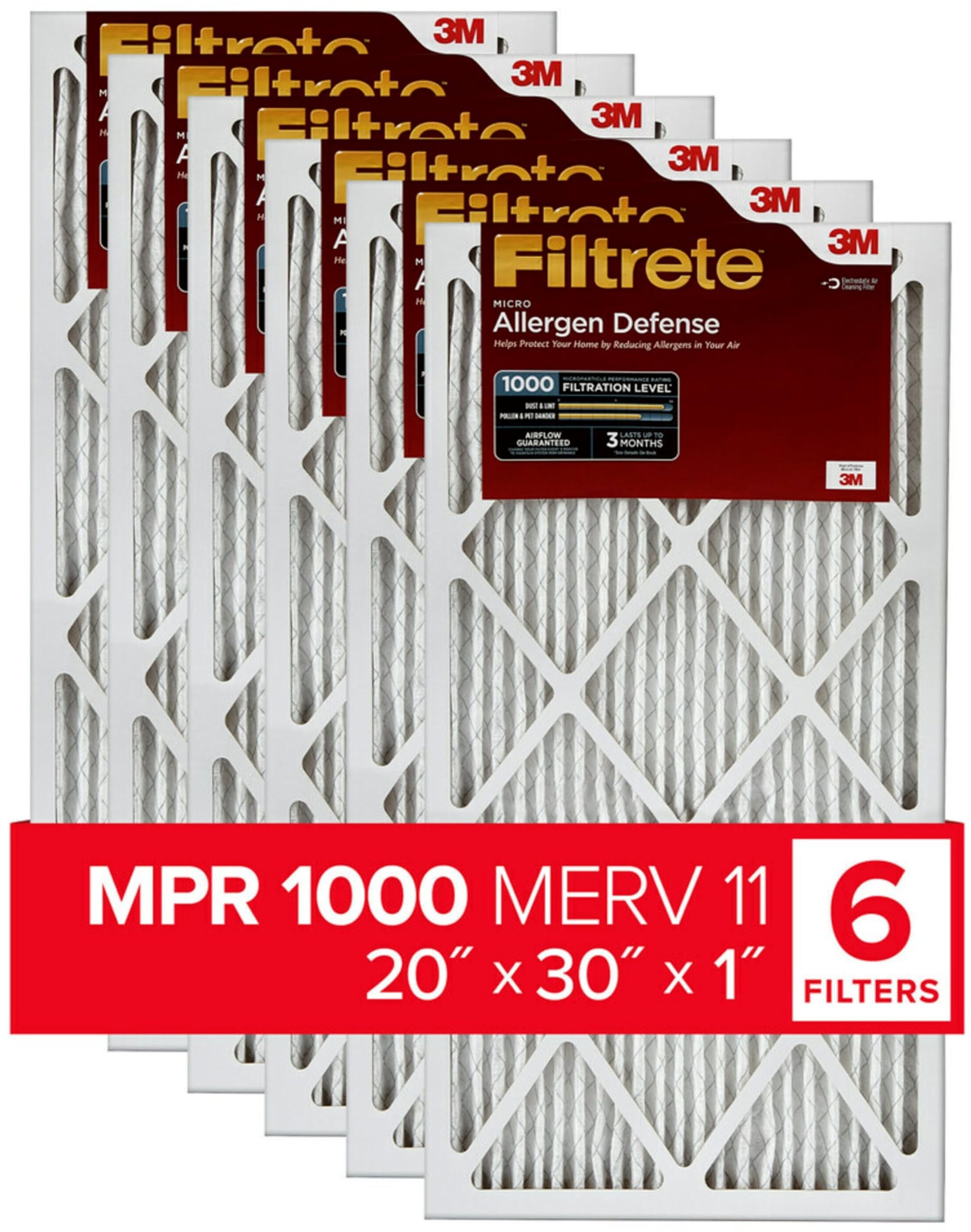 Filtrete 20 x 30 x 1 AC Ofen-Luftfilter, MERV 11, MPR 1000, Mikro-Allergenabwehr, 3 Monate plissiert, 2,5 cm elektrostatischer Luftreinigungsfilter, 6 Stück (tatsächliche Größe 50,3 x 75,7 x 2,1 cm)
