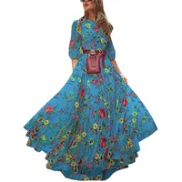 Onsoyours Kleider Damen Retro Rockabilly Kleid Lose Maxikleider Fließende Longbluse Casual Leicht Sommerkleid Lässige Kleidung Abendkleid Frauenkleid Strand Swing Kleid Blau S - S