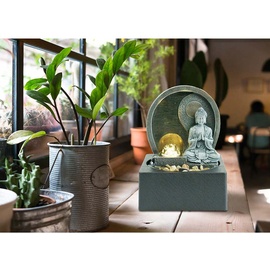 ETC Shop LED Tischbrunnen Wohnzimmer Zierbrunnen Dekoleuchte Asia Zimmerbrunnen Wasserspiel, mit 1,5m Kabel und Pumpe Buddha Design, anthrazit grau, 4x 0,13W LED 3000K 3W Pumpe, L x B x H 18 x 18 x 24 cm