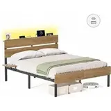 VASAGLE Doppelbettgestell 140 x 200 cm LED-Beleuchtung naturbraun