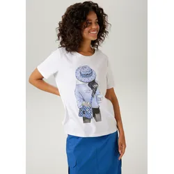 T-Shirt ANISTON CASUAL Gr. 48/50, blau (weiß, hellblau, schwarz, royalblau, silberfarben) Damen Shirts mit silberfarbenem Folienprint verzierter Frontdruck