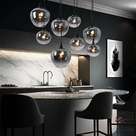 GLOBO Pendellampe Hängeleuchte Wohnzimmer Pendelleuchte Wohnzimmer Esstischleuchte rauch Glasschirm, Metall schwarz, Fassungen 8x E27, Lxbxh 105x45x120 cm