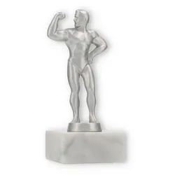 Pokal Metallfigur Bodybuilder silbermetallic auf weißem Marmorsockel 15,4cm