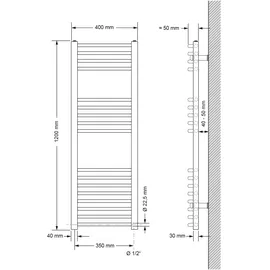 luxebath Badheizkörper 400 x 1200 mm 900 W chrom gebogen Seitenanschluss