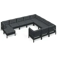 vidaXL 11-tlg. Garten-Lounge-Set mit Kissen Schwarz Kiefernholz