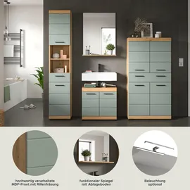 WELLTIME Badmöbel-Set WELLTIME "Siena, 4 teilig, bestehend aus:", grün (artisan eiche nb, salbei nb), B:186cm H:191cm T:34cm, Holzwerkstoff, MDF, Kastenmöbel-Sets, Badmöbel-Set, Hochschrank, Waschbeckenunterschrank, Badspiegel, Midischrank