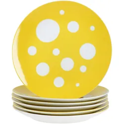 6er Set Pula gelb Kuchenteller Porzellan 6 Pers Dessert Frühstücks-Teller Punkte