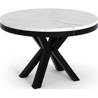 Runder Ausziehbarer Esstisch Weiß - Tisch im Loft-Stil mit Metallbeinen - Industrieller Tisch für Wohnzimmer - Spacesaver - Weisser Marmor - Schw...