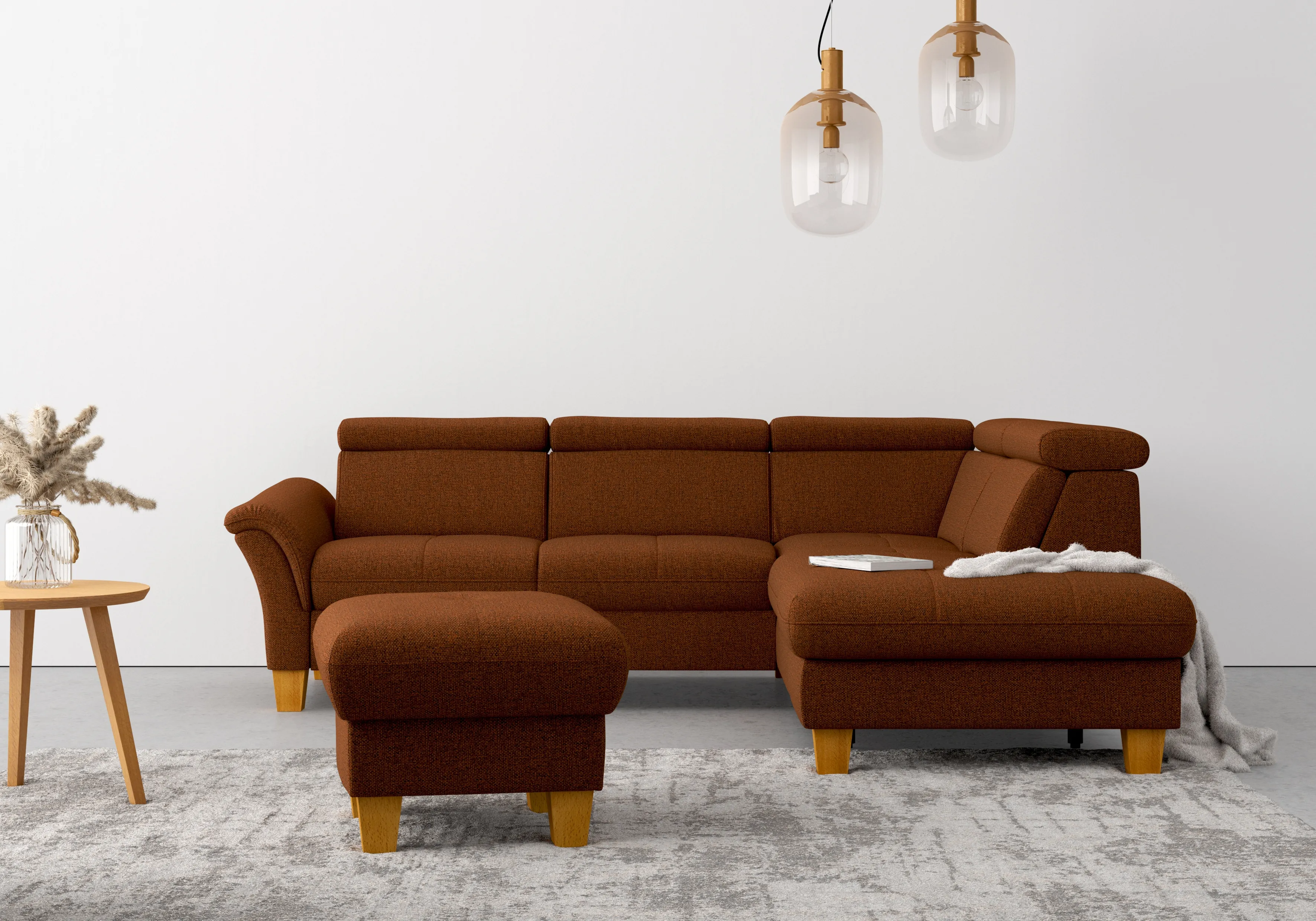 Ecksofa HOME AFFAIRE "Lindgren L-Form" Sofas Gr. B/H/T: 249cm x 84cm x 217cm, Struktur, Ottomane rechts, mit Bettfunktion mit einklappbaren Rollen-mit Stauraum-mit Kopfteilverstellung-ohne TV-Funktion motorisch ohne Stauraum-mit Federkern, rosegold (kupfer) wahlweise mit TV-Funktion, Stauraum und Kopfteilverstellung