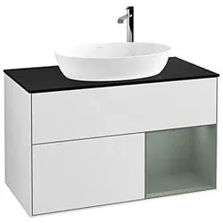 Villeroy und Boch Finion Waschtischunterschrank G902GMMT 100cm, Abdeckplatte black matt, Emotion, Regale Olive matt lacquer, White matt lacquer