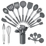 TEAMFAR Küchenhelfer Set, 20 Stück Silikon Kochbesteck Küchenutensilien Set mit Edelstahlgriff, Antihaft Hitzebeständiger Kochutensilien mit Utensilienhalter, Gesund & Leicht zu reinigen, Grau