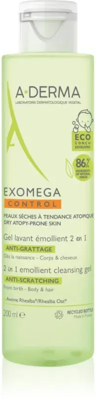 A-Derma Exomega Control 2 in 1 emollient cleansing gel Duschgel für trockene bis atopische Haut 200 ml