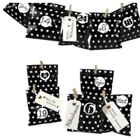 Frau Wundervoll DIY Adventskalender zum Befüllen Bescherung, Papiertueten flach 13x16,5cm, schwarz Stern, Ziffern schwarz-weiß
