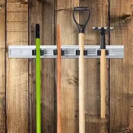 Relaxdays Gerätehalter Wandhalterung, 2er Set, Besenhalter Wand, je 4 Wandklemmen, für Gartengeräte, Aluminium, silber