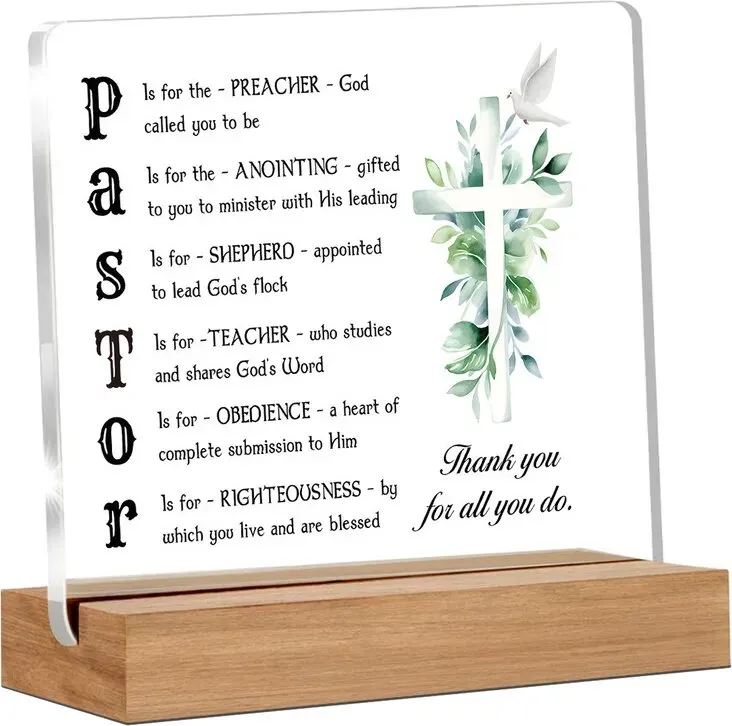 Alphynix 1 Stück Geschenktafel für spirituelle Führung, „PASTOR“-Abkürzungszusammenbruch auf transparentem Acryl mit Holzsockel, enthält „SHEPHERD“ & „RIGHTEOUSNESS“-Erklärungen, Geschenk zur Anerkennung der Dienststelle
