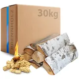 30 kg Birken Brennholz, 30 cm kammergetrocknet, mit 15 Kaminanzündern, ideal für Kamin, Ofen, Feuerschale, Grill, Smoker, hoher Brennwert, raucharm, helle Flamme, sofort verwendbar