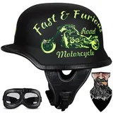 SYEBVTQ Vintage Deutsche Motorrad Halbhelme Halbschalenhelm Mit ECE Genehmigt Brain-Cap mit Sonnenbrille Schnellverschluss Schnalle, Jethelm Retro, Chopper Helm, Scooter-Helm