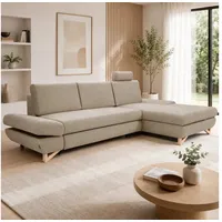 Goldstoff Ecksofa "LUCIA" mit Schlaffunktion und Bettkasten; Modernes Schlafsofa, 1 Teile, L Sofa Couch mit Relaxfunktion, verstellbaren Kopfstützen beige