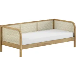 Home affaire Bett »Olive, mit Eiche massiven Bettpfosten, Bettseiten furniert«, (B/H/T ca. 210x75x96,6cm, Auf. Natur, zeitloses Design), 90/200 inkl. Lattenrost und trendigen Rattan Kopf- u. Seitenteilen Home affaire Eiche natur + Eiche natur + Eiche natur