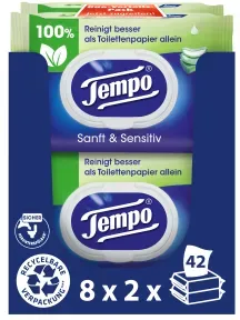 Tempo sanft & sensitive Toilettentücher Großpackung, Feuchte, sanfte Toilettentücher mit Aloe Vera, 1 Großpackung = 8 Doppel-Packungen à 2 x 42 Tücher