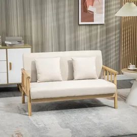 Homcom 2 Sitzer Sofa, Couch mit 2 Lendenkissen, Gepolsterter Polstersofa mit Holzrahmen, Leinenoptik, für kleine Räume, Beige