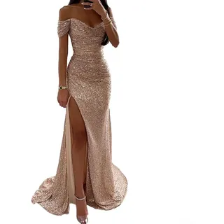 Pailletten-V-Ausschnitt, langes Kleid für Damen, schulterfrei, geteilt, Maxi-Abendkleid, bodenlang, ärmellos, funkelnd, formelles Ballkleid für Hochzeit, Party, Schwarz (XL Gold)