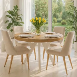 dekori.interiors Runder Ausziehbarer Tisch für Esszimmer, Pero, Loft-Stil, Skandinavische, Durchmesser: 110 / 160 cm, Eiche Craft Golden / Weiss - Bronze