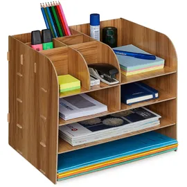 Relaxdays Schreibtisch Organizer mit Dokumentenablage 10 Fächer 27,5 x 32,5 x 25 cm Dunkelbraun