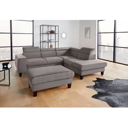 Polstergarnitur COTTA "Morven L-Form", grau, B:249cm, Sitzmöbel-Sets, Set bestehend aus: Ecksofa mit Kopfteilverstellung & Hocker