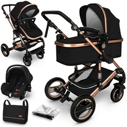 KIDUKU Kombi-Kinderwagen KIDUKU® 3 in 1 Kombi-Kinderwagen Buggy Reisebuggy, 3 in 1 Komplettset inkl. Babywanne Buggy Auto-Babyschale Fußsack, Voll-Gummireifen Wickeltasche Regenschutz Kindertisch schwarz