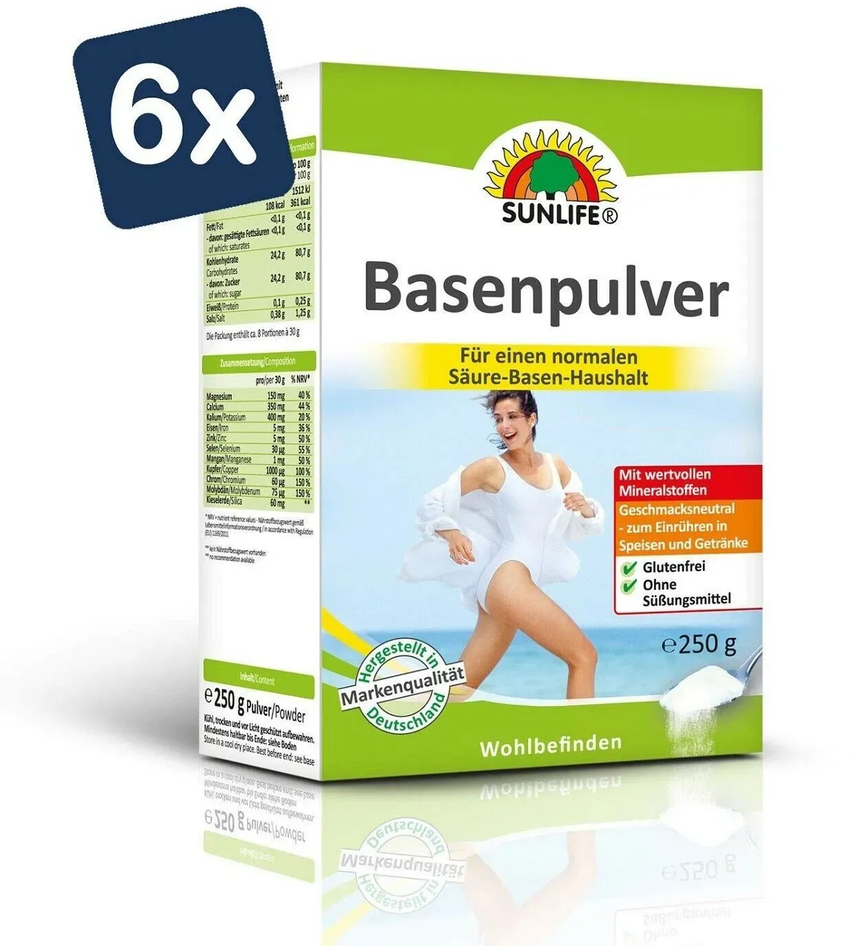 Sunlife Basenpulver Glutenfrei, ohne Süßungsmittel 250g 6er Pack