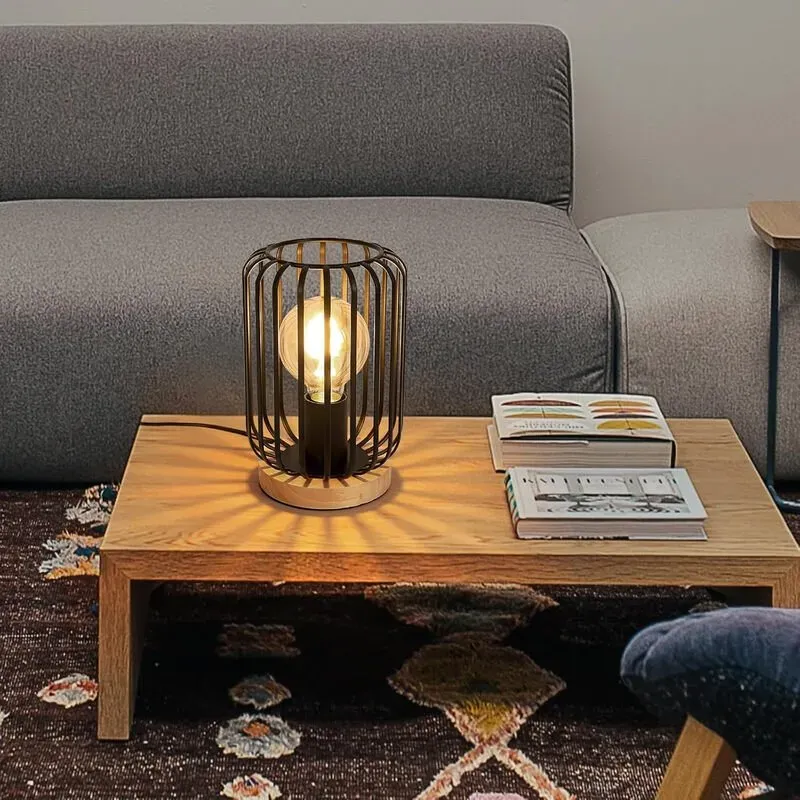 Tischlampe aus schmiedeeisernem Durchbruchwerk, schwarz, mit Holzsockel und E27-Fassung, Leuchtmittel nicht im Lieferumfang enthalten